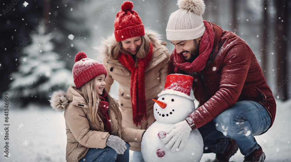 family playing with snowman. Generative AI