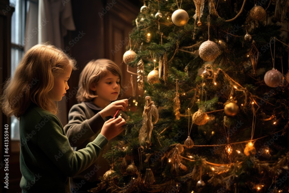 A boy and a girl decorate a Christmas tree