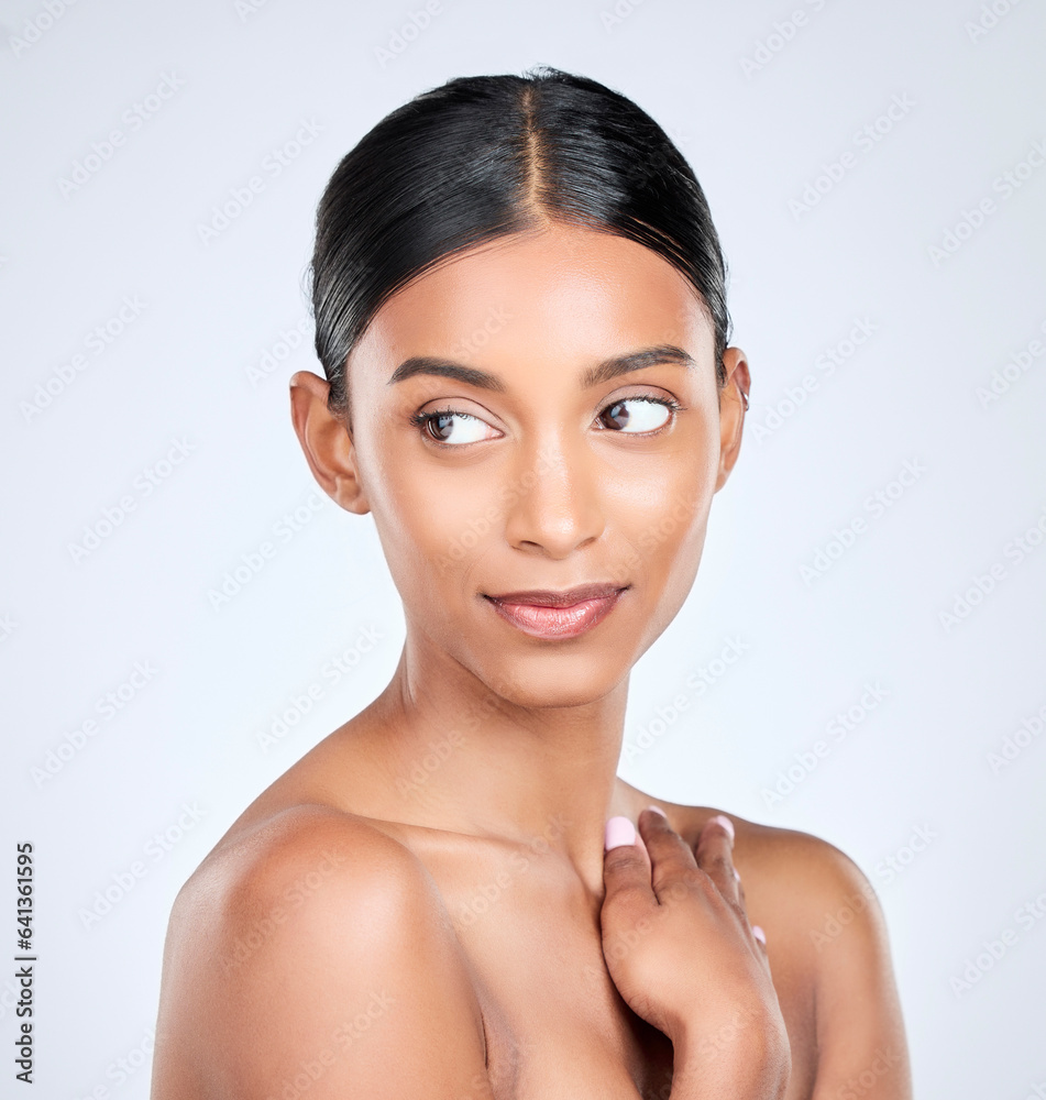 Face of Indian woman for skincare, beauty and cosmetics on white background for salon aesthetic. Der