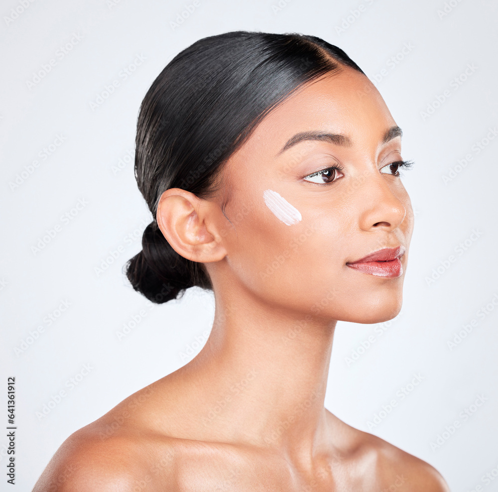 Thinking, cream or woman with skincare, beauty or dermatology on a white studio background. Person, 