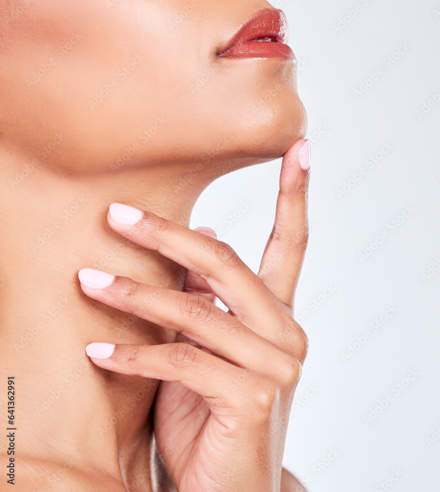 Woman, lips and beauty profile closeup with makeup, face and lipstick in studio. Mouth, skincare and