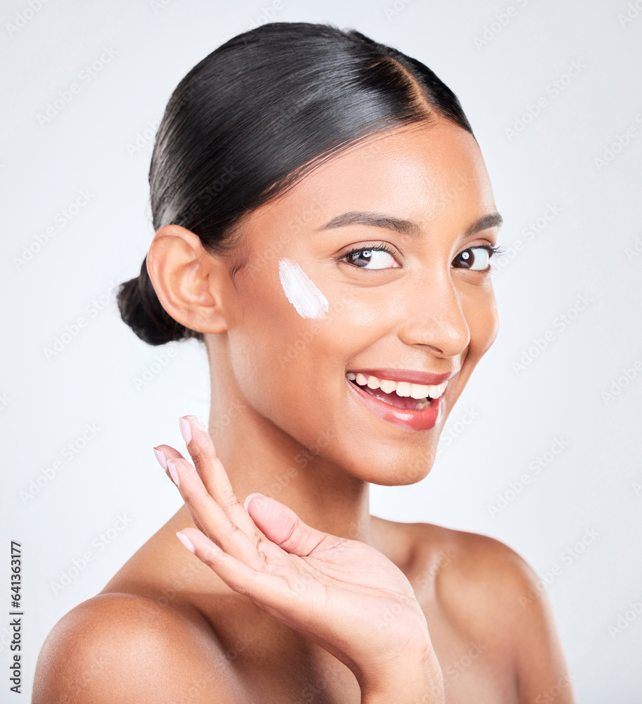 Portrait, cream and woman with cosmetics, dermatology and wellness on a white studio background. Fac