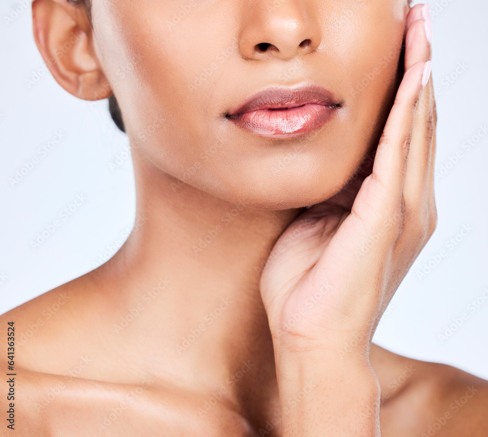 Woman, lips and beauty closeup with makeup, face and lipstick glow in studio. Mouth, skincare and ha