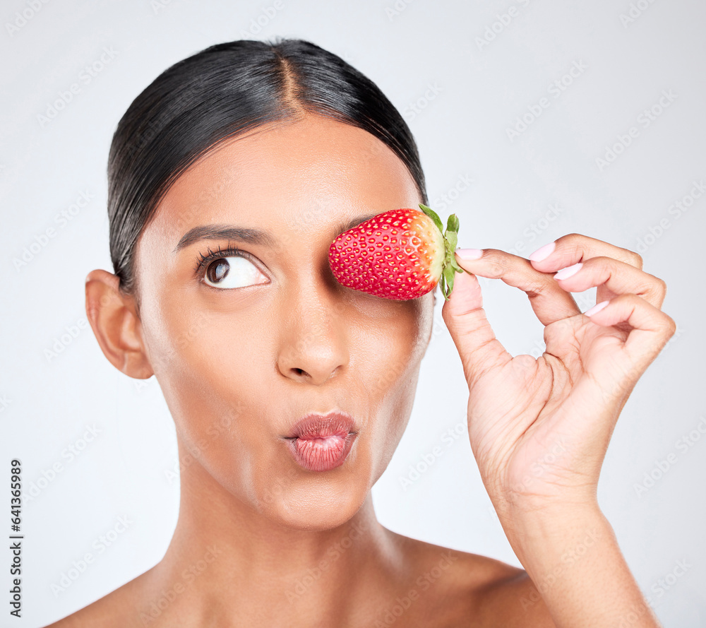 Kiss face, strawberry and woman with beauty, nutrition and health with shine isolated on white backg