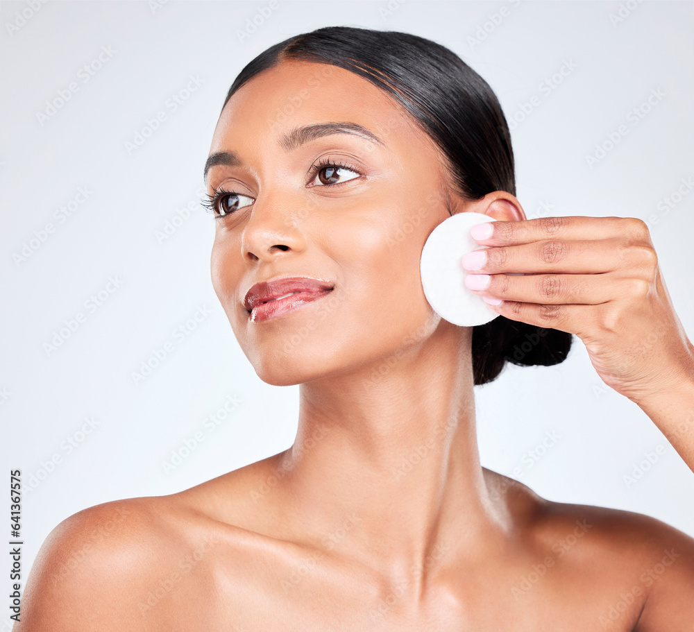 Face, woman and cotton pad, beauty and makeup removal with skincare and clean facial isolated on whi