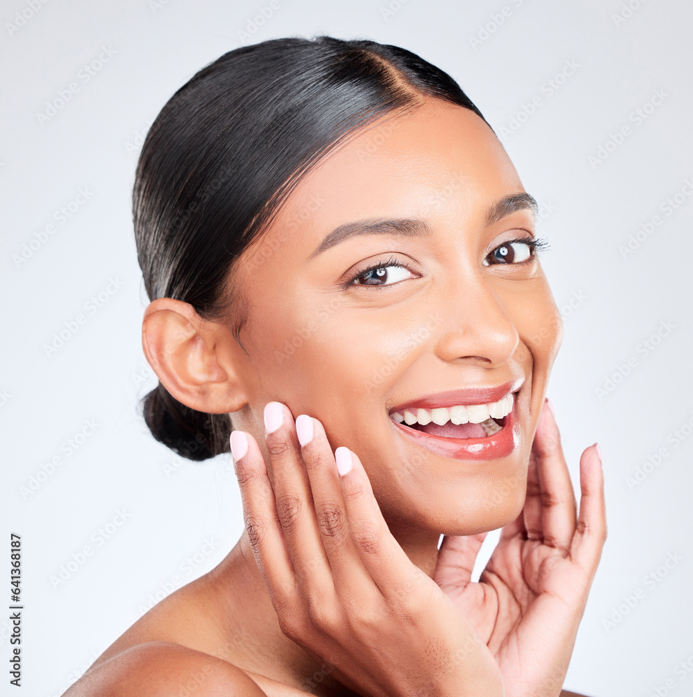 Portrait, happy woman and touch face in studio for pride in skincare, aesthetic glow or healthy derm