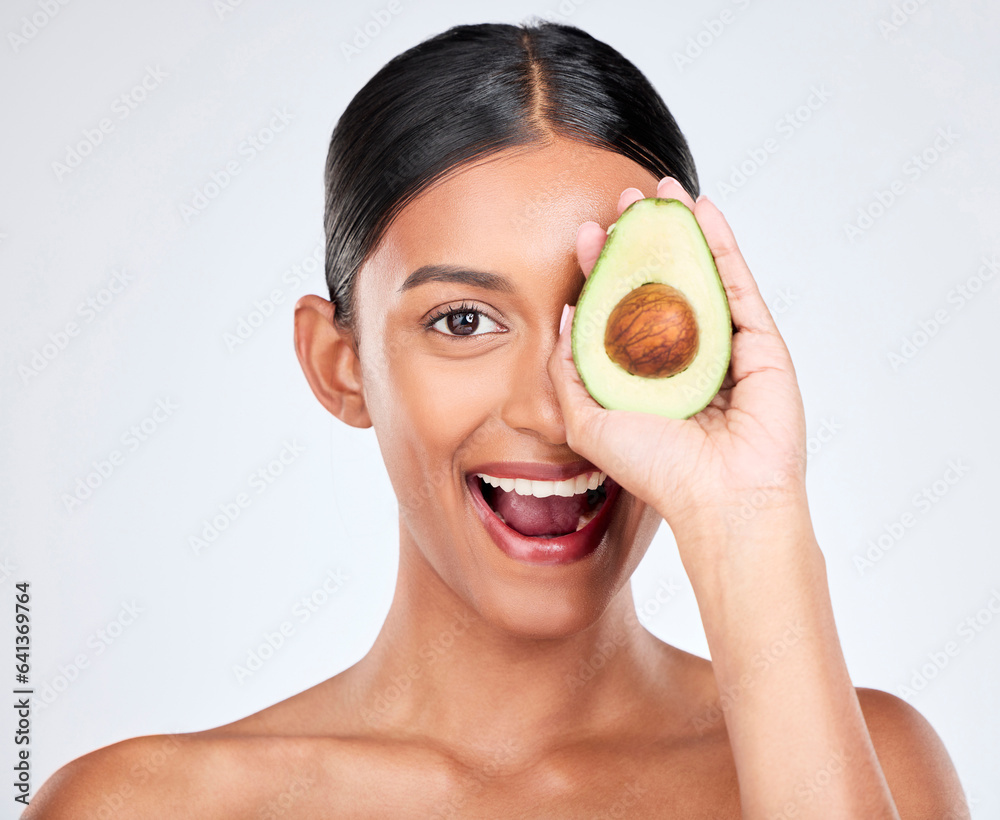 Avocado, portrait and natural skincare of woman in studio for vitamin c benefits, eco cosmetics and 