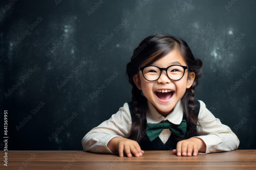 Asian schoolgirl wearing glasses with blackboard background, back to school and joy of learning