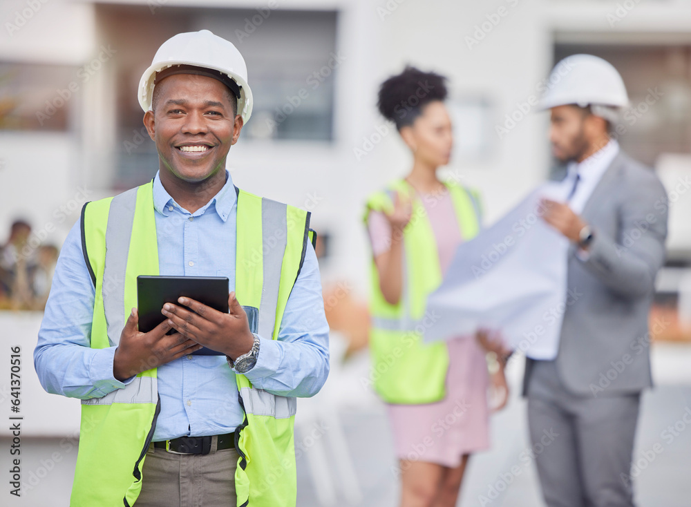 Happy black man, architect and tablet in city, team planning or construction on rooftop at site. Afr