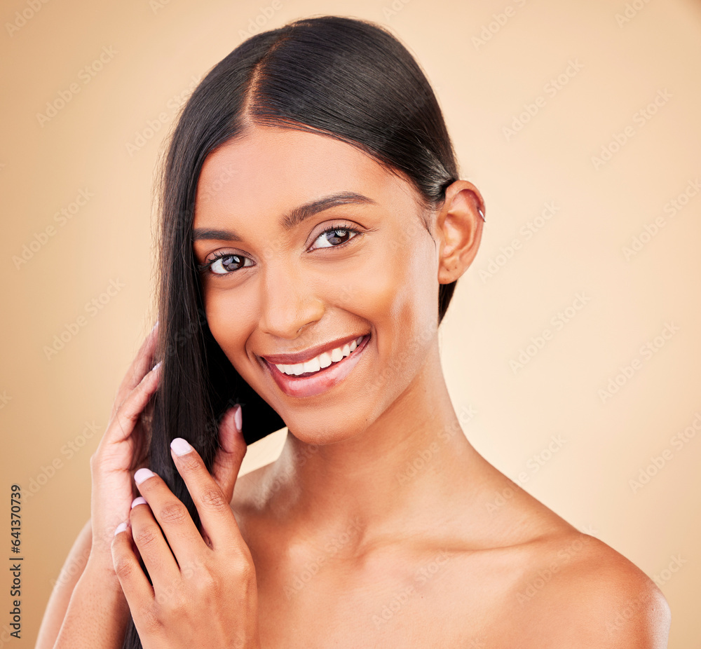 Happy, hair care and portrait of woman with beauty and glow from collagen in shampoo or cosmetics on