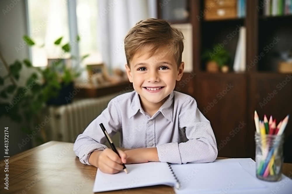 young boy studying using a pen and paper