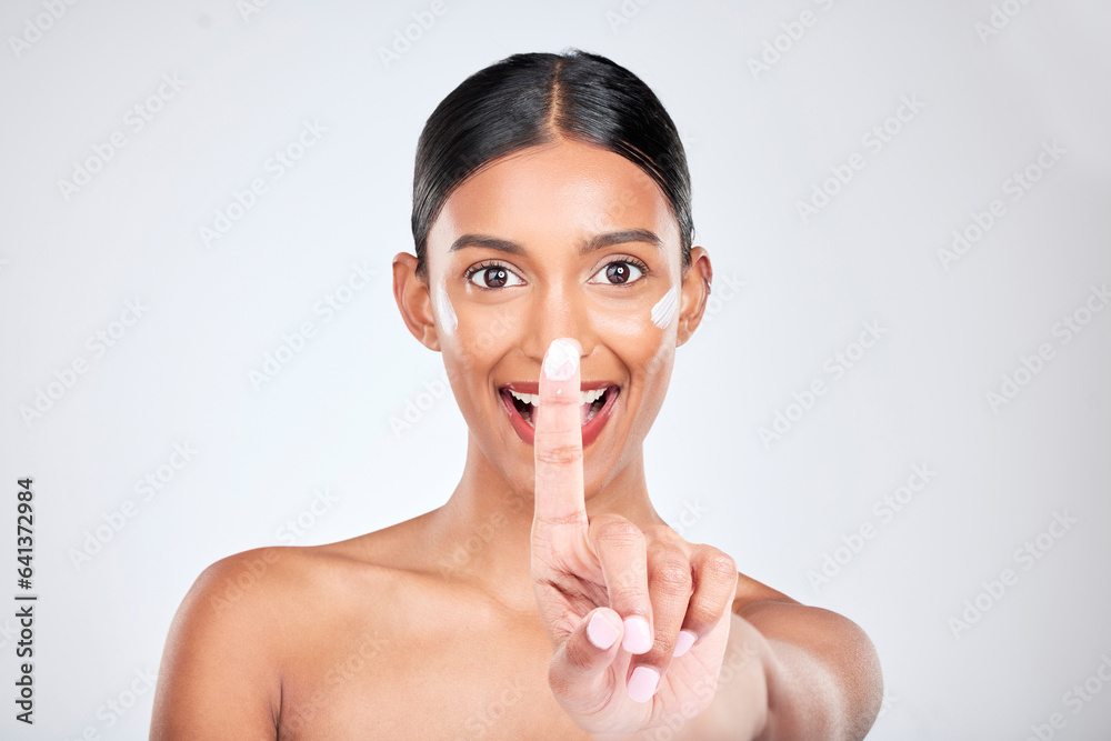 Beauty, skincare and portrait of woman with face cream in a studio for natural, cosmetic and health 