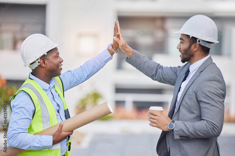 Happy people, architect and high five in city for teamwork, success or construction on rooftop at si