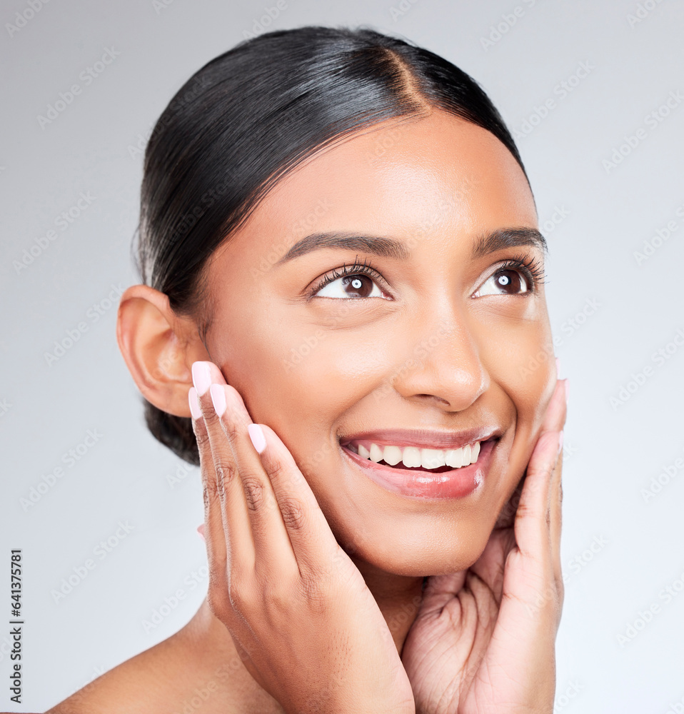 Face, beauty and smile with a woman thinking about health or wellness in studio on white background.