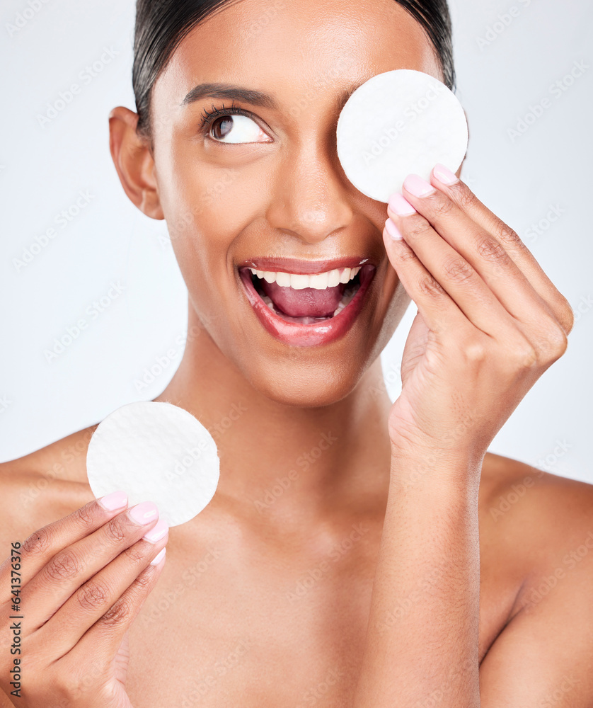 Face, happy woman and cotton pad, beauty and makeup removal with skincare and clean on white backgro