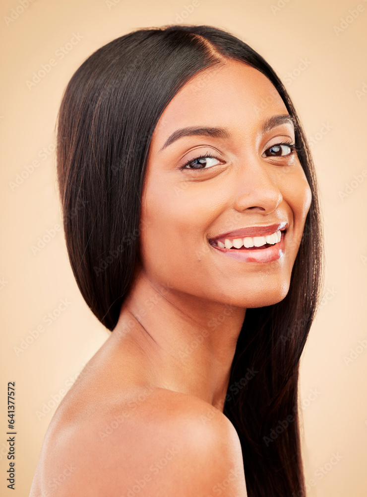 Hair, woman and face for beauty and cosmetics, shampoo and keratin treatment isolated on studio back