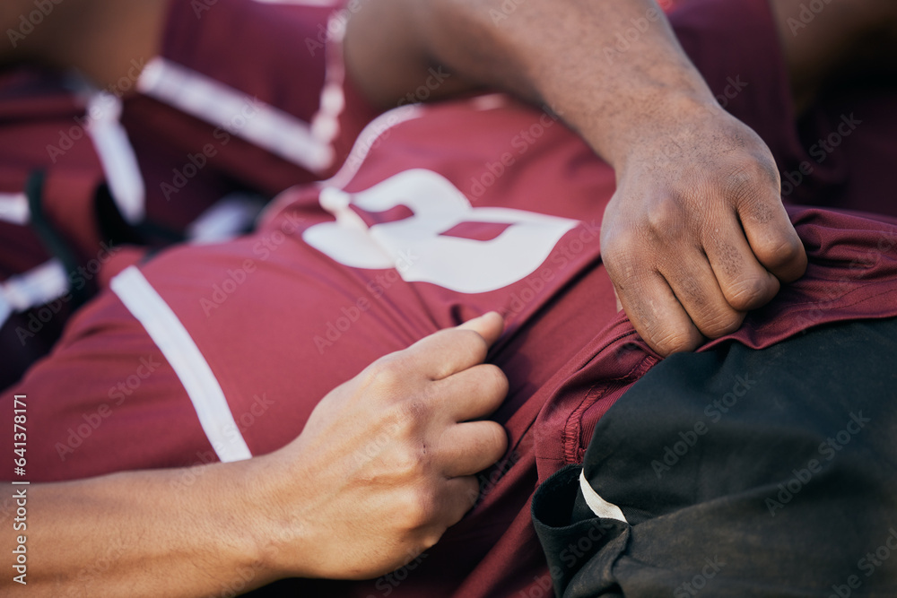 Rugby, teamwork and scrum with people on field for challenge, hands and sports match. Fitness, perfo