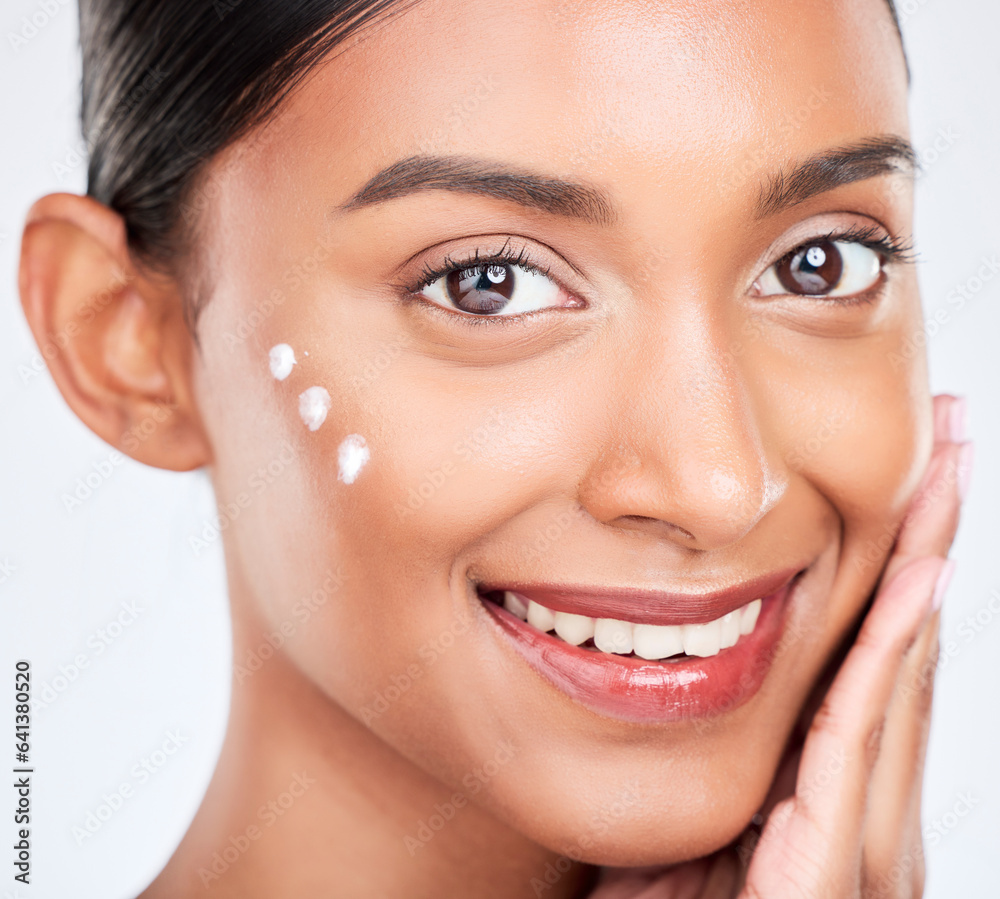 Portrait, cream and woman with cosmetics, smile and dermatology on a white studio background. Face, 