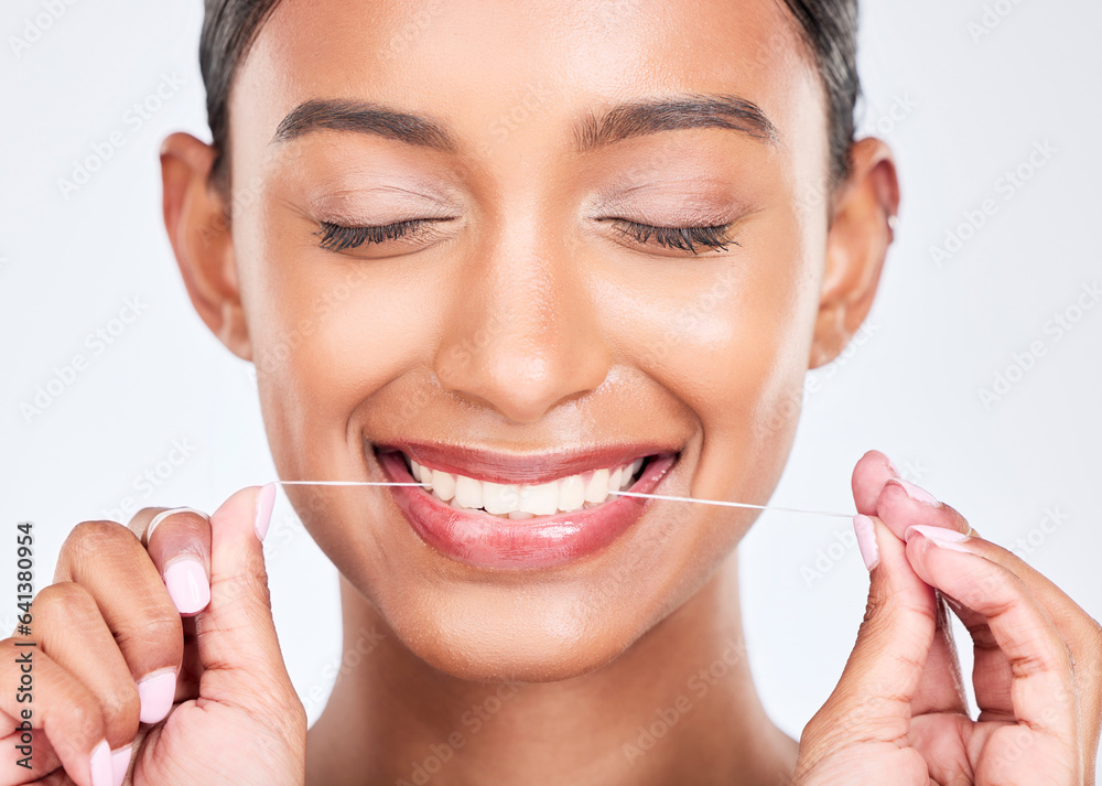 Mouth, flossing and dental with woman and face, health and fresh breath isolated on white background