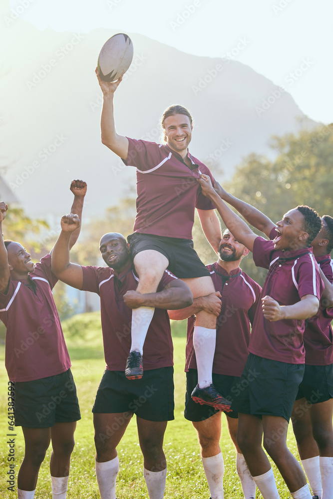 Group portrait, sports team and rugby celebration, collaboration and teamwork victory, challenge goa