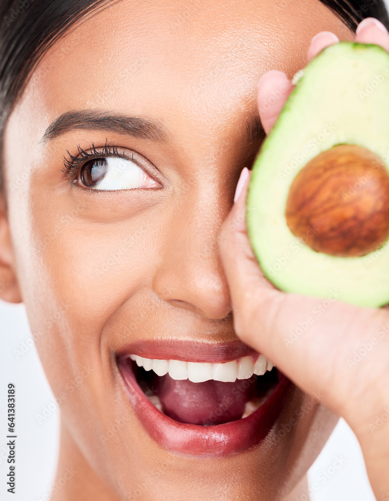 Closeup, avocado and happy woman with natural beauty, face and eco friendly skincare on white backgr