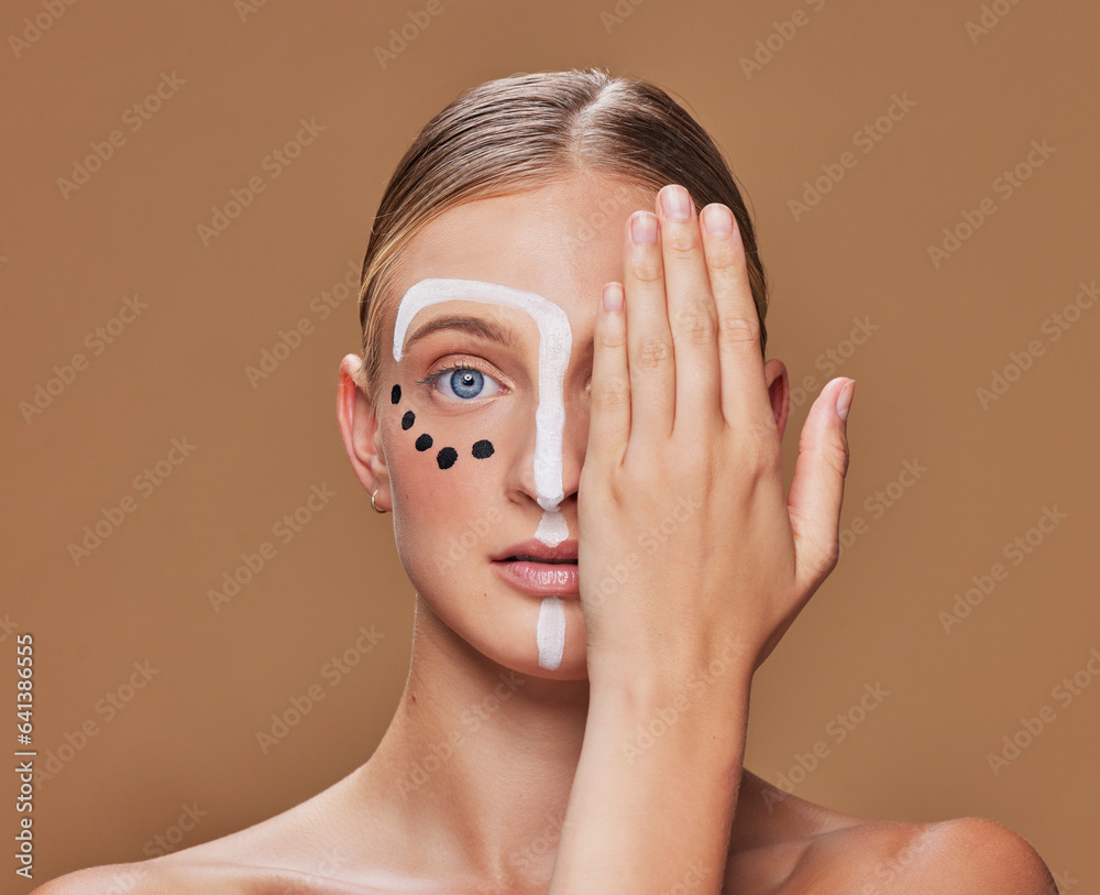 Portrait, creative and woman with makeup, aesthetic or cosmetics on a brown studio background. Face,