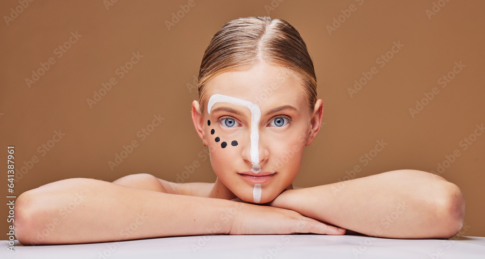 Portrait, creative and woman with makeup, art and cosmetics on a brown studio background. Face, pers