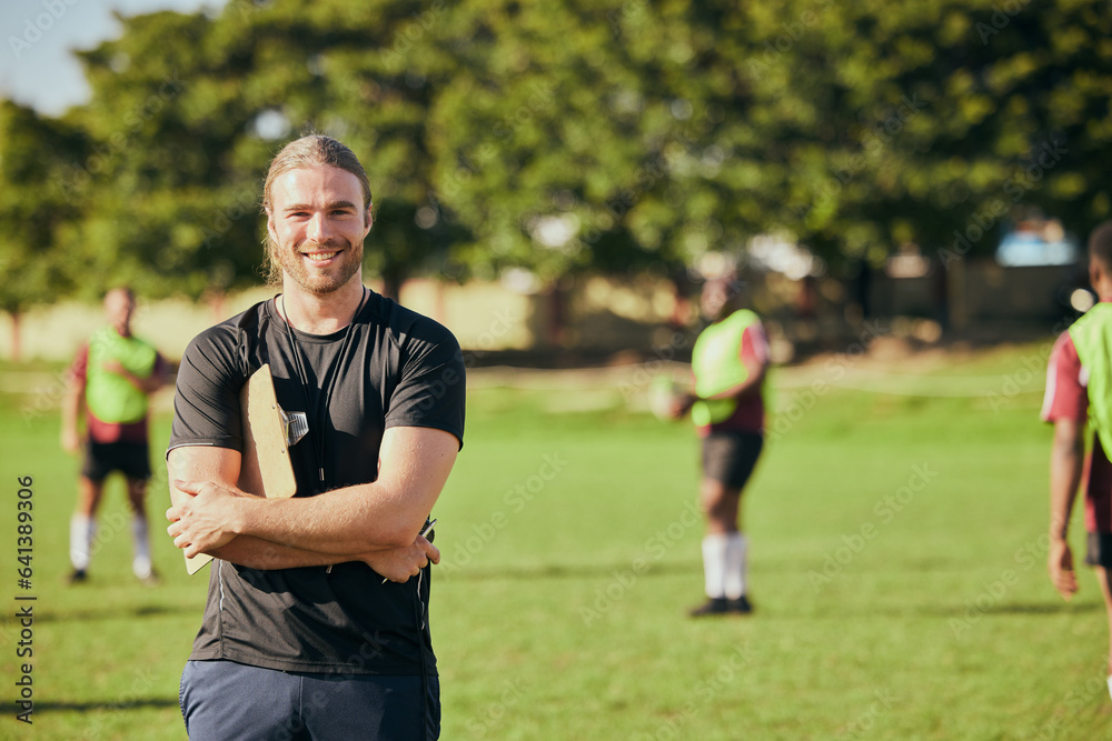 Portrait, fitness and a rugby coach on a field with his team training or getting ready for match com