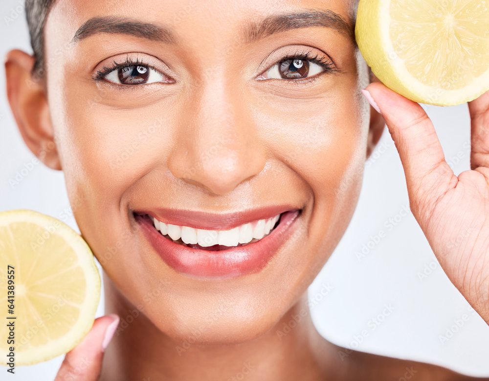 Lemon, fruit and portrait of Indian woman with skincare, beauty and benefits of vitamin c in eco fri