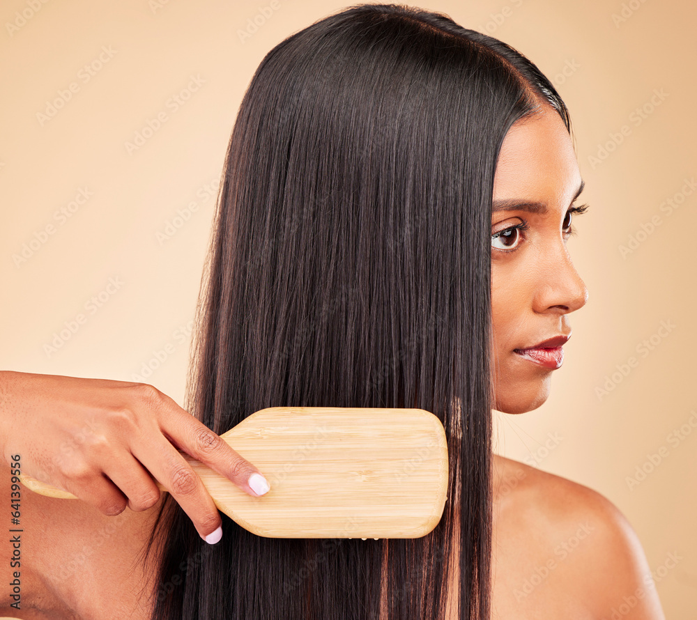 Hair, woman and brush for beauty and cosmetic tools, shampoo and keratin treatment shine on studio b