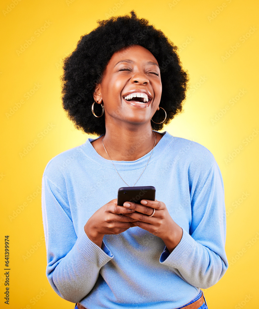 Woman, laugh and typing on smartphone in studio, reading funny social media post and mobile news on 