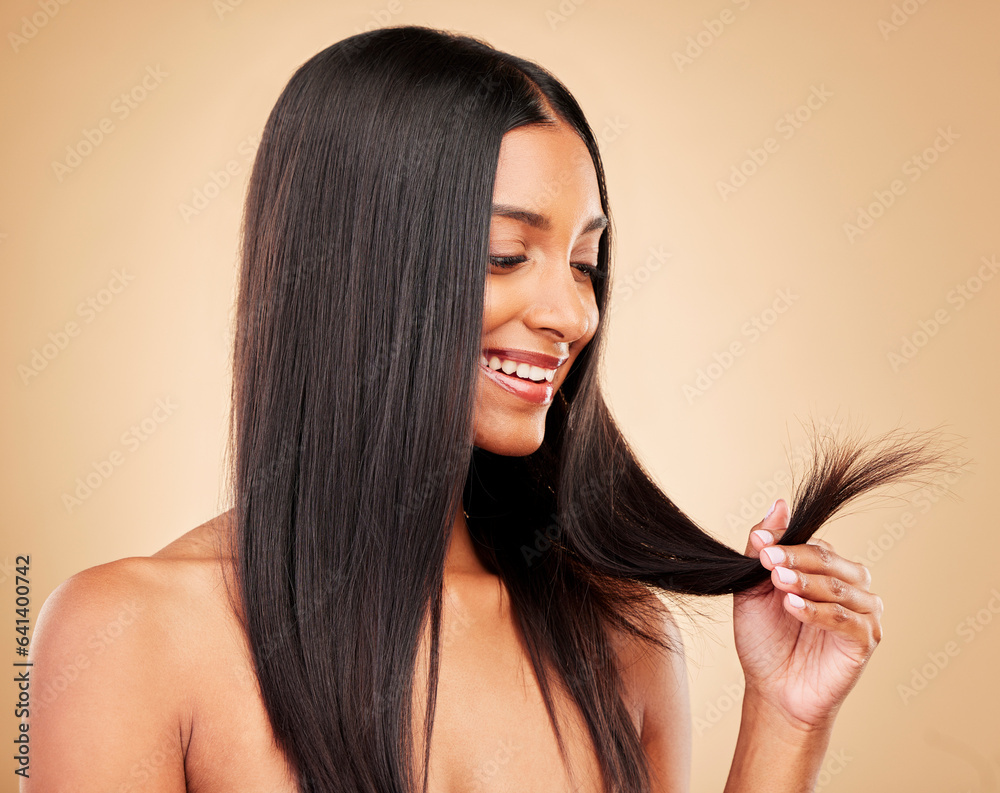 Hair care, wellness and portrait of woman in a studio with split ends for salon keratin treatment. B