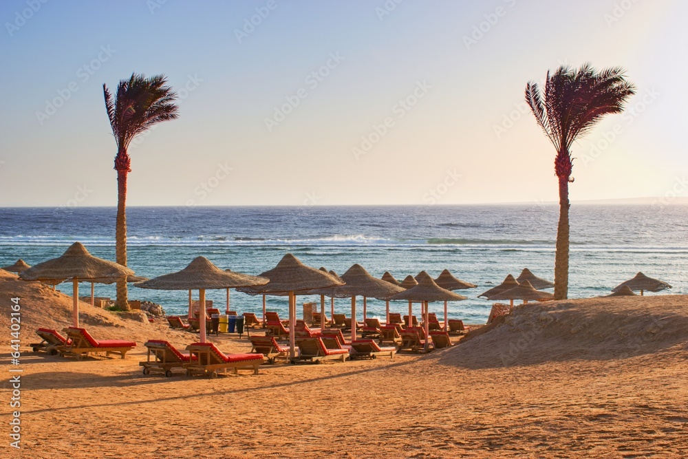 Idylic beach with palms and sun umbrelas, Red Sea, Egypt