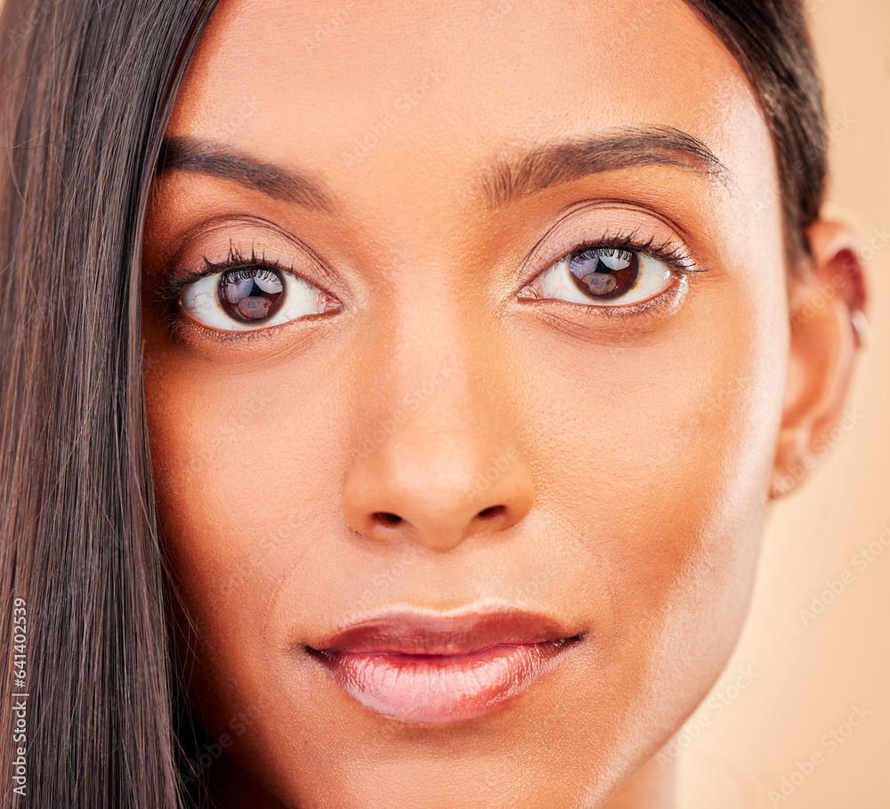 Beauty, makeup and portrait of woman in a studio with self care, glamour and face routine. Health, c