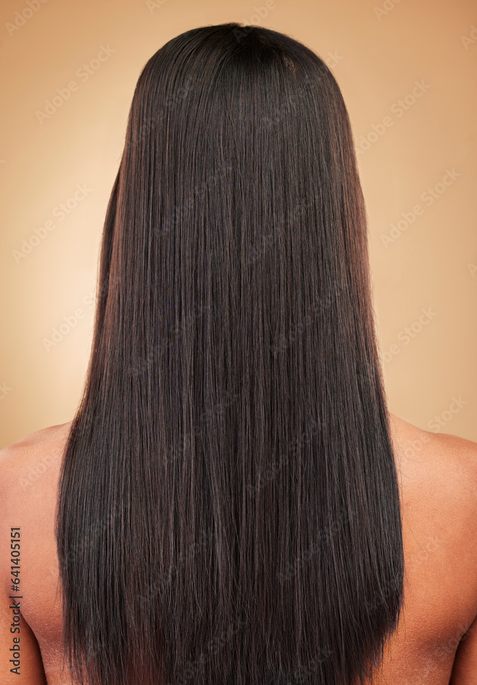 Hair, woman and back, beauty and cosmetics with shampoo and keratin treatment shine isolated on stud