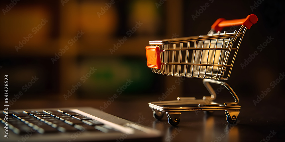 Shopping cart with laptop, online shopping