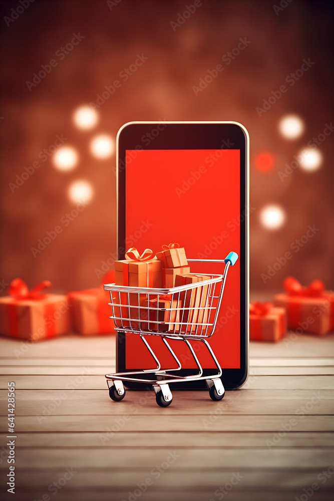 Online shopping concept with cell phone, shopping cart inside cell