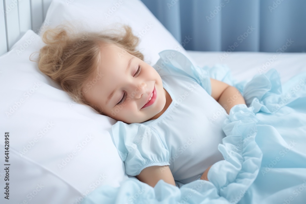 beautiful cute smiling baby girl sleeping on a bed in blue sheets