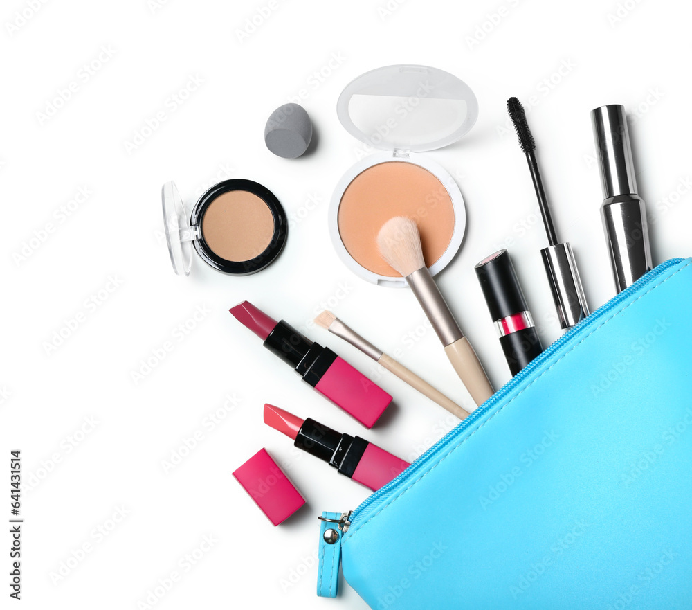 Bag with decorative cosmetics and makeup brushes isolated on white background