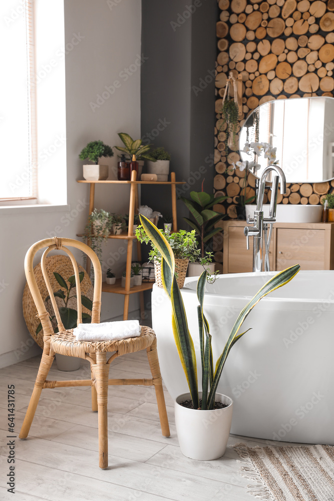 Interior of bathroom with green houseplants and bathtub