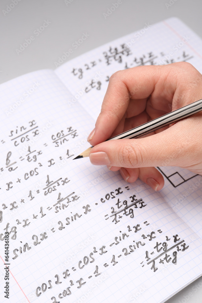 Woman writing maths formulas in copybook with pencil, closeup