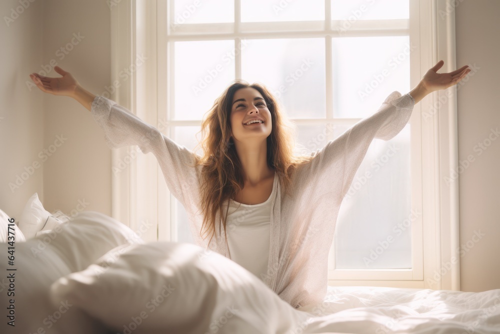 happy beautiful woman stretching arms in the morning after sleep