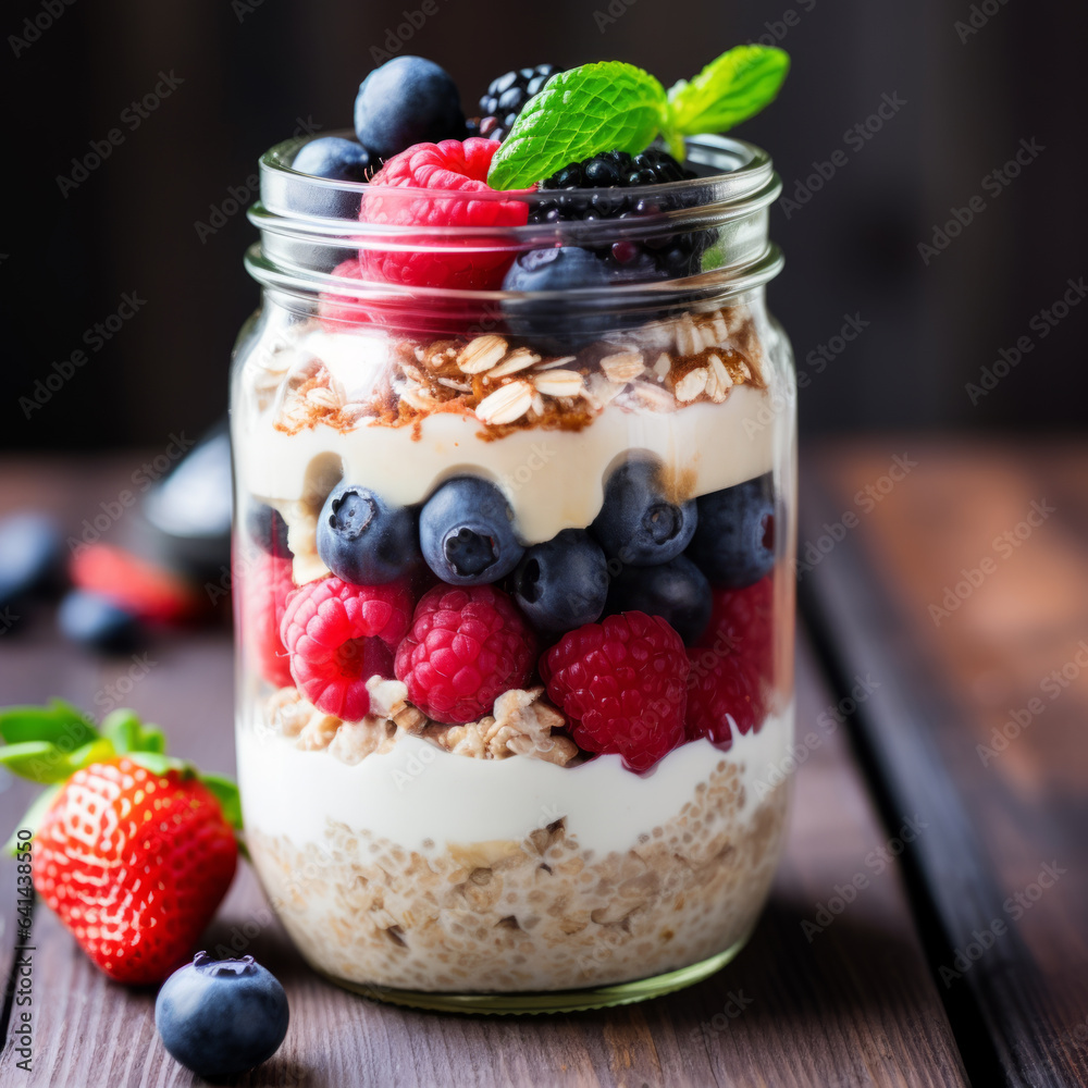 Healthy breakfast: overnight oats with fresh berries