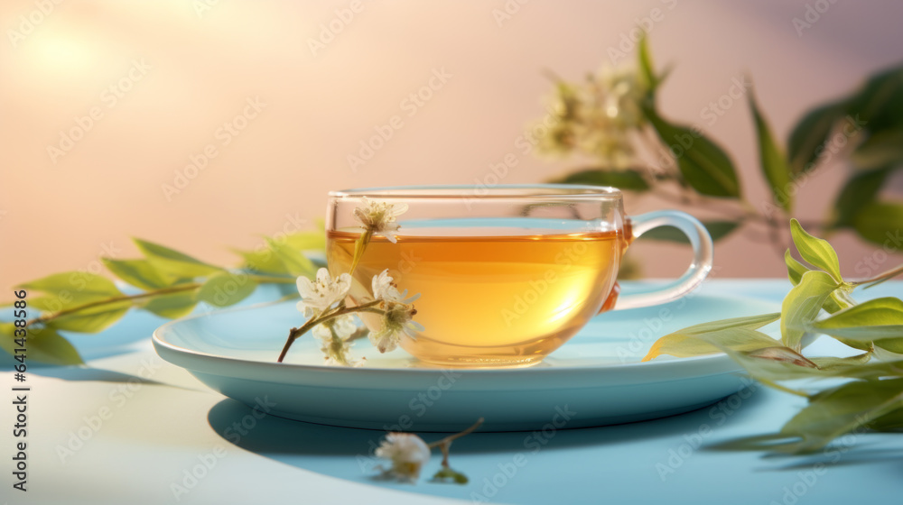 A cup of tea and flowers on colorful background