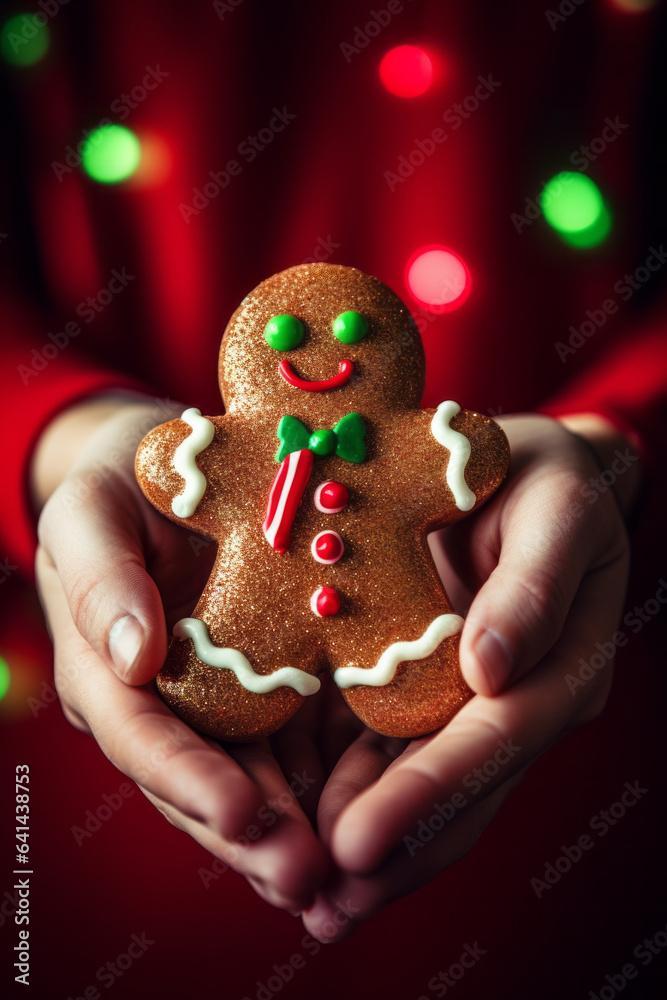 Childs hands holding tasty gingerbread cookies, close up view