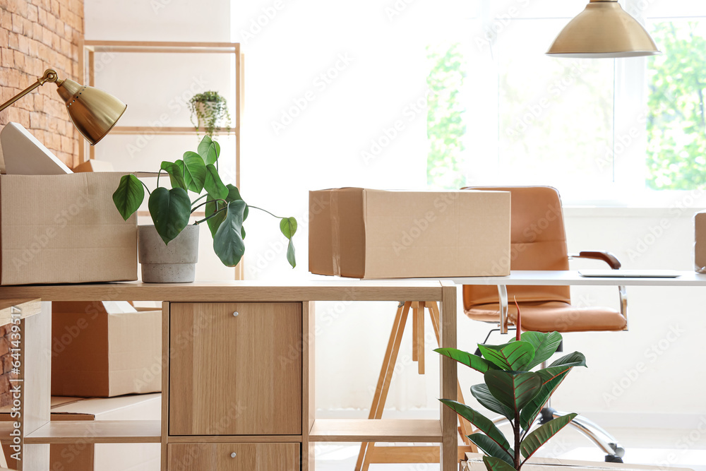 Interior of stylish office with cardboard boxes on moving day