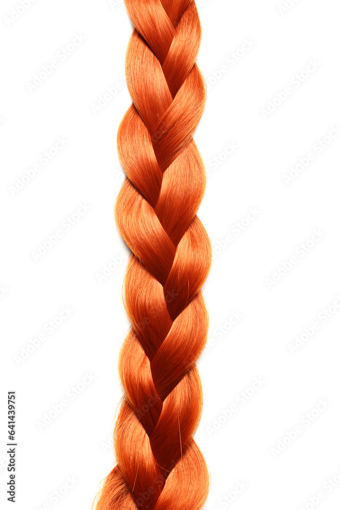 Braided ginger hair on white background, closeup