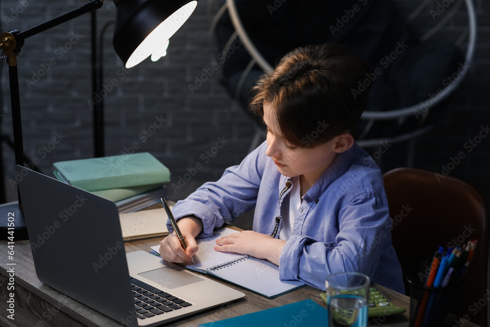 Little boy doing homework with laptop at home late in evening