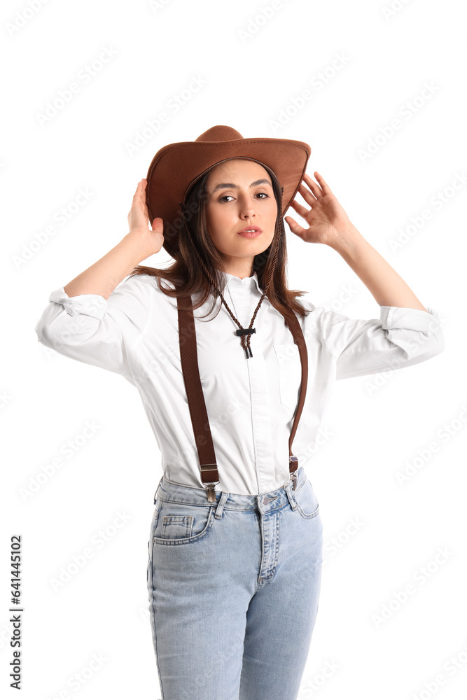 Beautiful cowgirl on white background