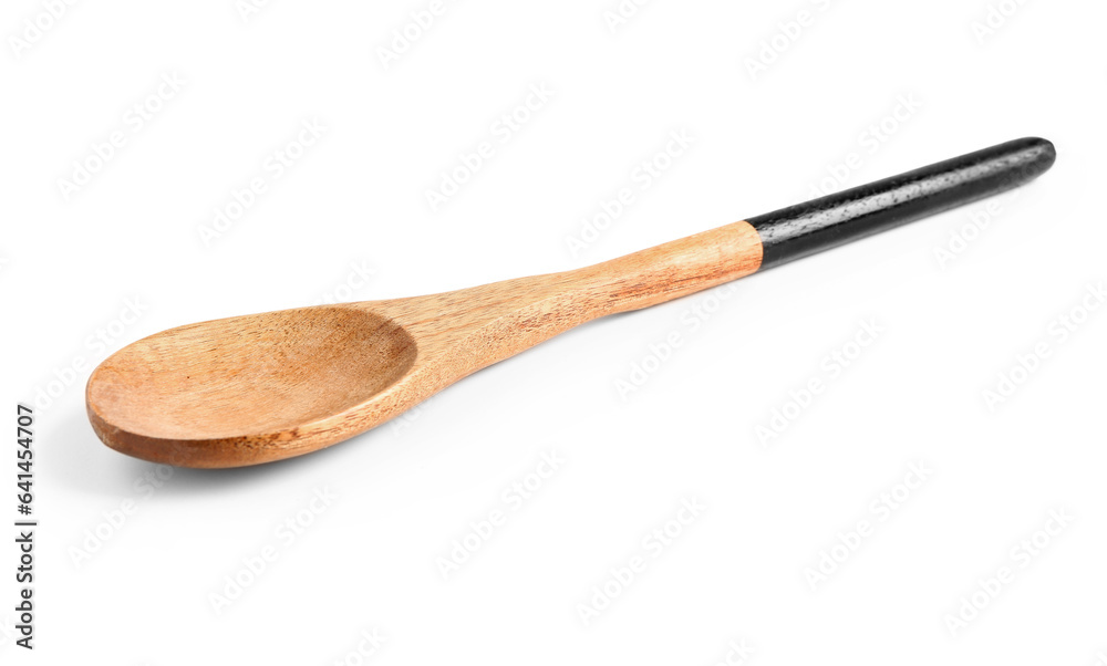 Empty wooden spoon on white background